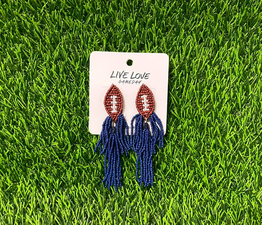 Navy Fringe Beaded Football Earrings