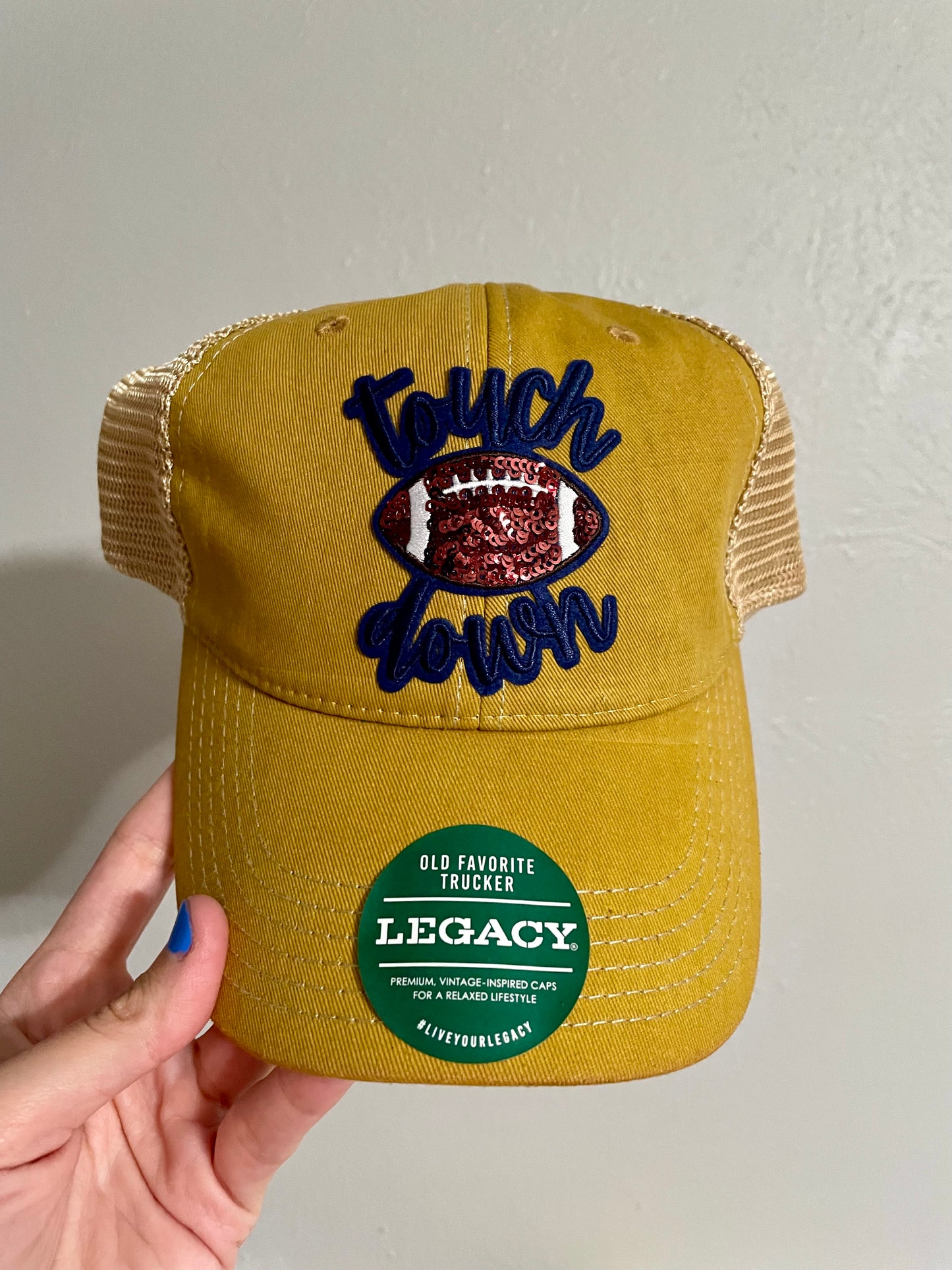 Navy Touchdown Sequin Football Patch Hat