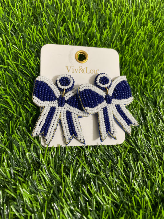 Navy and White Beaded Bow Earrings