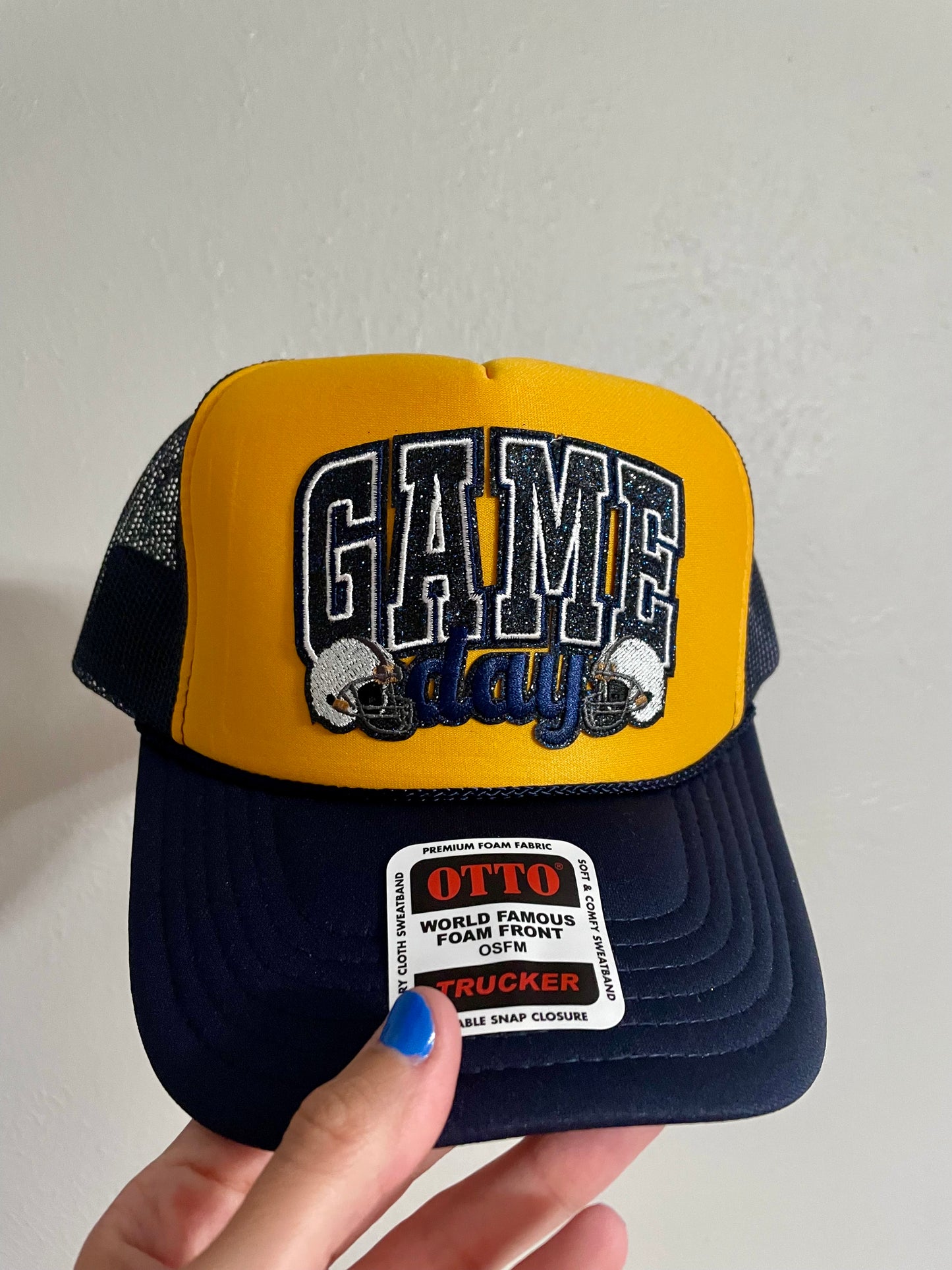 Navy Glitter Game Day Football Patch Trucker Hat